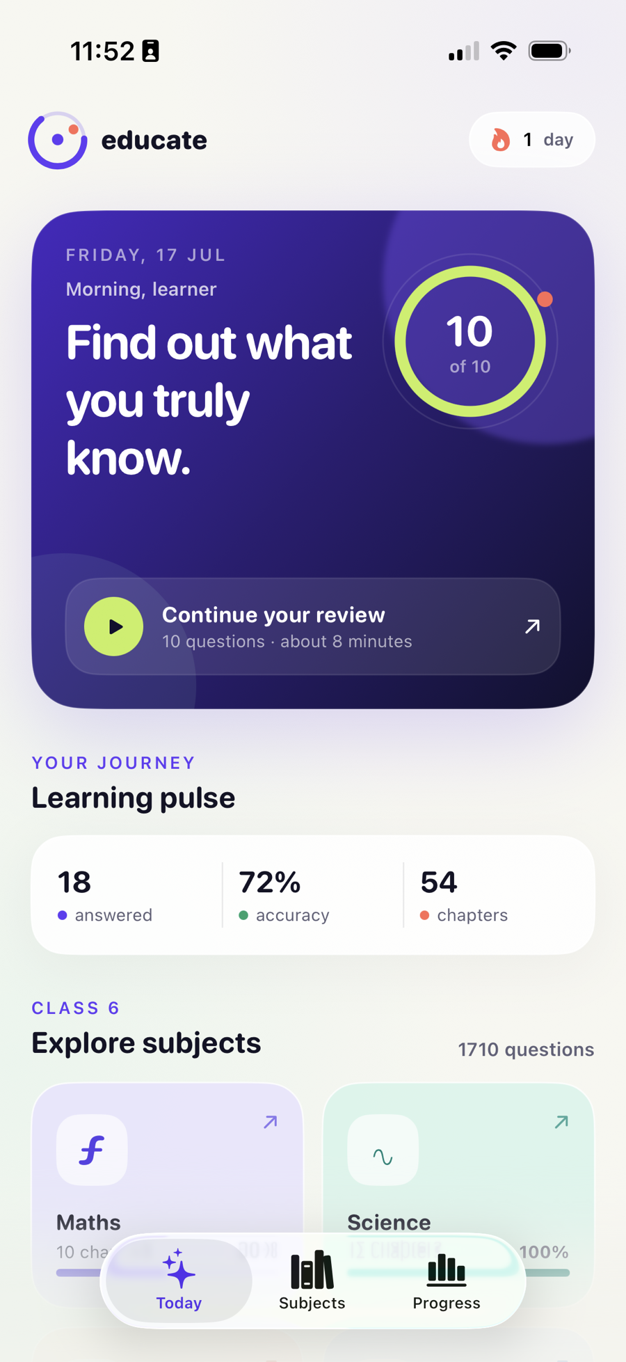 Widyaa Learning app showing a daily review, learning progress, and available subjects